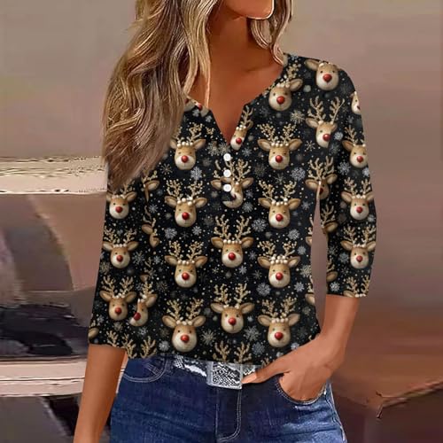Image of Women Christmas Shirt 3 /4 Length Sleeve Henley Tops Xmas Outfits