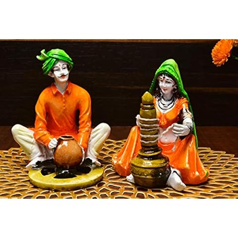Karigaari Resin India Handcrafted Rajasthani Couple Making Chaas and Pottery Showpiece for Home Decor (Multicolour, 15.24x15.24x17.97 cm) Cover