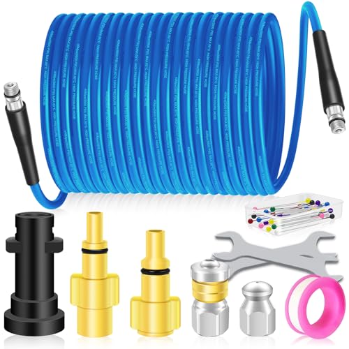 Kit de limpieza de manguera de drenaje de 15 m con boquilla de chorro y boquilla giratoria para Karcher serie K2-K7, 3 adaptadores de repuesto para Bosch, Lavor (B - azul)