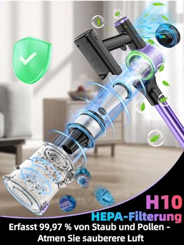 SUXIANGVAC Akku Staubsauger 45000Pa/500W/45Min, Staubsauger Kabellos Laufzeit mit LED Display und Anti Tangle Bürste, 73cm Ausziehbarer Schlauch für Hartböden Teppiche Tierhaare,Violett