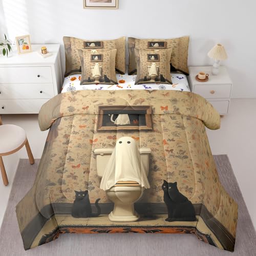 Kawaii Ghost Bedding Sets King,Halloween Cat Bathtub Comforter Sets,European Vintage Design Bed Sets 7 Pcs with 1 Comforter,2 Pillowcases,2 Pillow Covers,1 Flat Sheet,1 Fitted Sheet