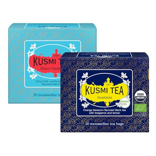 Kusmi Tea - Anastasia + Prince Vladimir - Té Negro 100% Orgánico - Earl Grey con Bergamota, Naranja y Limón - Té con Cafeína - Juego de 2 Cajas - 2x20 Bolsas Kusmi Tea - Anastasia + Prince Vladimir - Té Negro 100% Orgánico - Earl Grey con Bergamota, Naranja y Limón - Té con Cafeína - Juego de 2 Cajas - 2x20 Bolsas