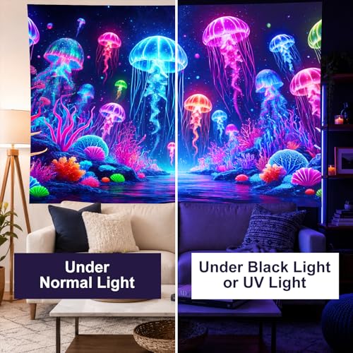 Image of BlissYard Blacklight Jellyfish Tapestry UV Reactive Neon Jellyfish Wall Hanging Tapestry Glow in The Dark Fantasy Ocean Underwater Tapestry for Bedroom Party Backdrop Living Room 59 X 78 inch
