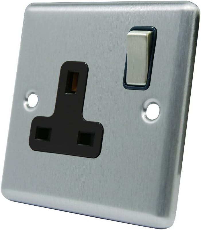 AET CSC1GSOCBS 13 A 1-Gang Satin Finish Chrome Classical Single Plug Socket with Black Insert Metal Rocker Switch
