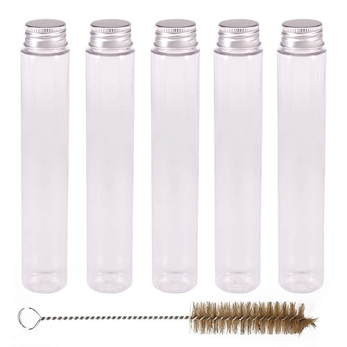 Miniatura 2 de Paquete de 15 tubos de ensayo de plástico transparente de 3.4 fl oz con tapas de rosca y 1 cepillo de limpieza, tubos de caramelo de chicle,