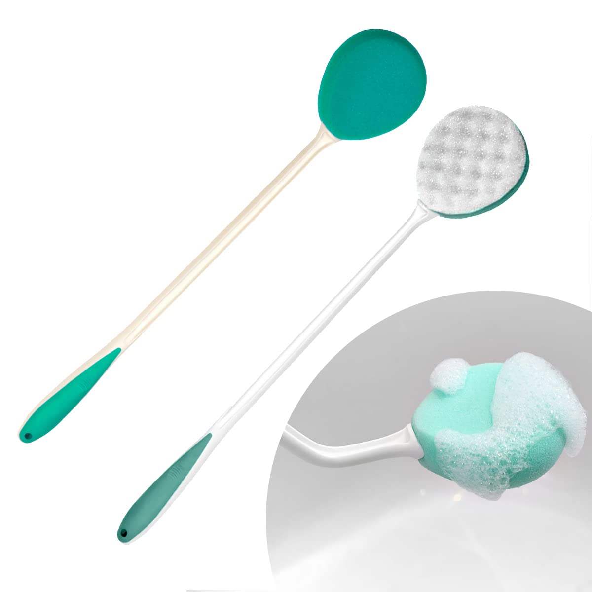 2 Pack Helping Hand Company Long Reach Sponges. Comfi-Grip Long Handled Sponge + Long Handle Exfoliating Washing Sponge 26"/66cm Long. Bendable Shower Sponges for Elderly or Disabled