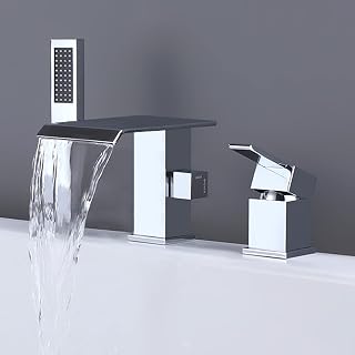Roman Tub Faucet with Hand Shower Waterfall Bathtub Faucet 3 Hole Widespread Tub Filler Deck Mount Chrome Solid Brass