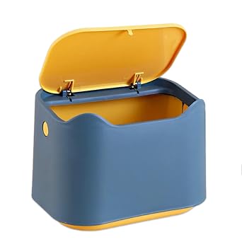 Desk bin trash can with lid, Mini Portable Table Waste bin Desktop Dustbin for Home Living Room Kitchen Bathroom Office Car Indoor Small trash can Blue & Yellow Blue & Yellow