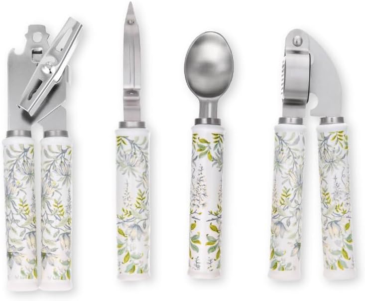 Laura Ashley 4-Pcs Kitchen Tools & Gadgets - Soft Grip, Heat Resistant Ceramic Handle, Dishwasher Safe - Stainless Steel Kitchen Utensils set Includes Garlic Press, Peeler, Can Opener, Ice Cream Scoop
