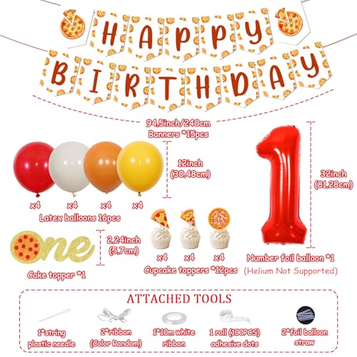 Pizza Theme 1st Birthday Decorations - Pizza Happy Birthday Banner, Red Yellow Cake and Cupcake Toppers Balloons Kit for Kids Fast Food Theme Slice of Fun First Bday Party Supplies by Festiblast - Used condition - Image 4