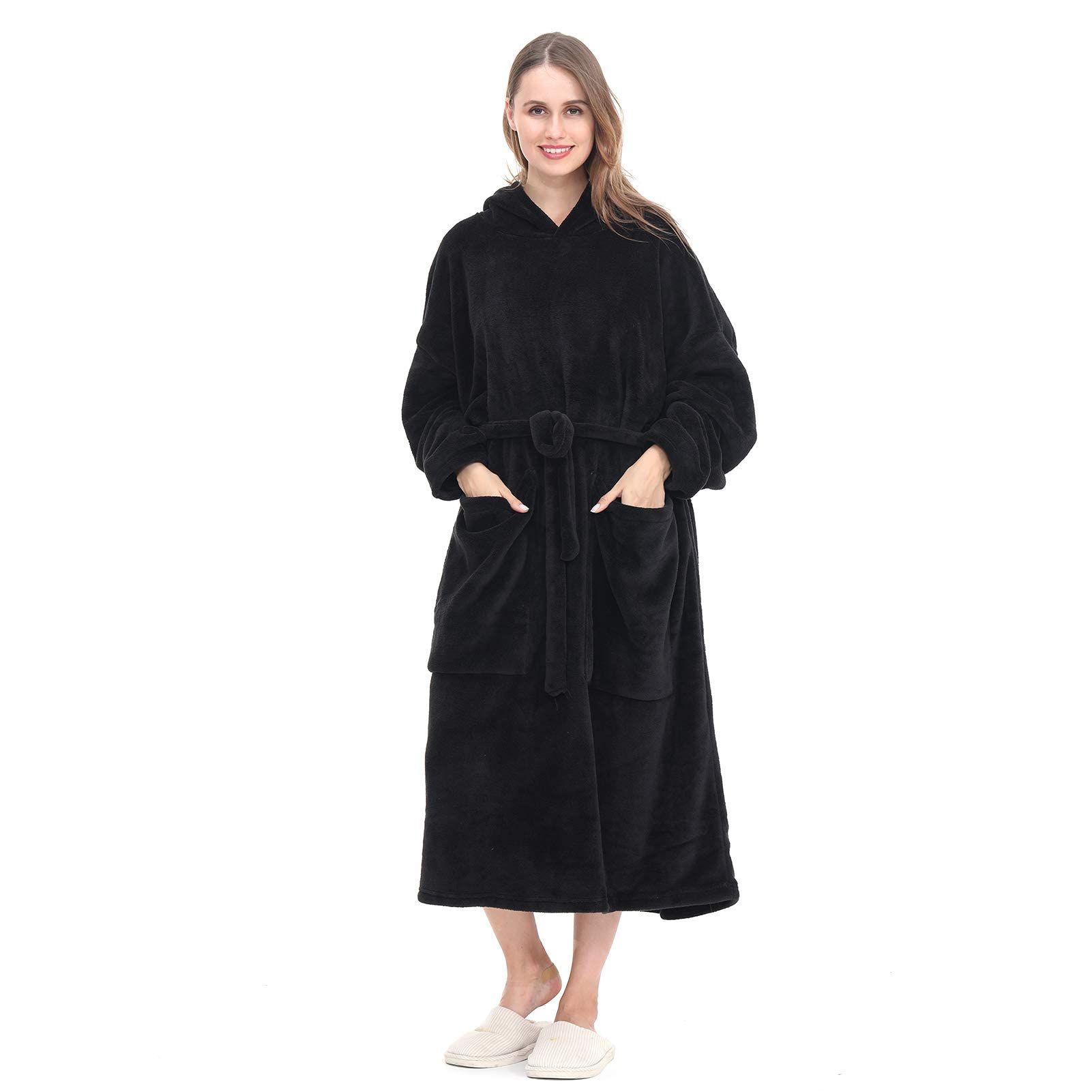 AOLIGE Wearable Blanket Hoodie Oversized Warm Fuzzy Sweatshirt Blankets with 2 Large Front Pockets and Sleeves for Adult, Women, Men,Teens (Black)