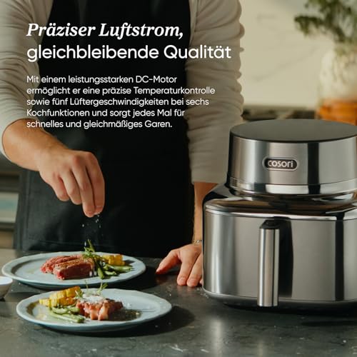 COSORI ICONIC Airfryer, 96% Edelstahl, PFAS- und BPA-freie Keramikbeschichtung, 7-in-1 Heißluftfritteuse, Backen, Grillen, Gären, Dehydrieren, 61% energiesparend, 50+ Rezepte, spülmaschinenfest, 6,2L