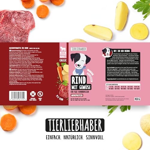 TIERLIEBHABER – Hundefutter Nass 400g Rind mit Gemüse – Von Tierärzten entwickelt – Nassfutter Hund mit 91% Fleischanteil – Dog Food als Hundenassfutter 400g Dosen