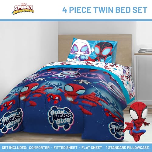 Image of Jay Franco Marvel Spidey & His Amazing Friends Twin Size Comforter Set - 4 Piece Includes Sheet Set, Pillow Covers & Bonus Duffle Bag - Super Soft Kids Bedding with Ghost Spider and Miles Morales