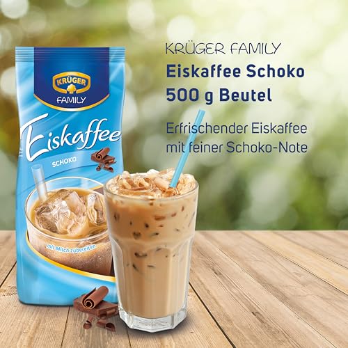 KRÜGER Family Eiskaffee Schoko, aromatisiertes Getränkepulver mit löslichem Bohnenkaffee, koffeinhaltig, 500 g Beutel