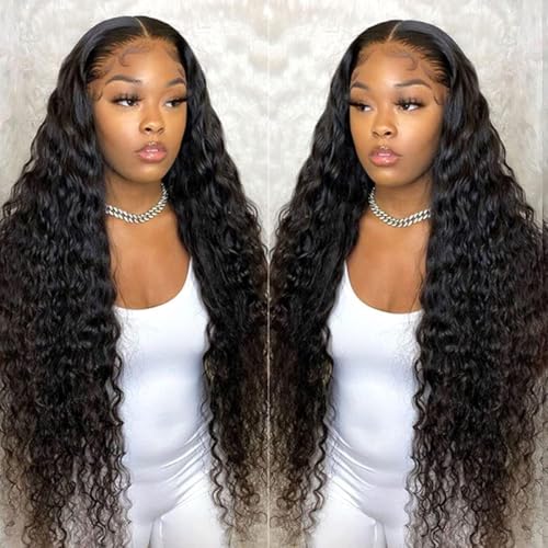 QinMei 34 Inch Deep Wave Wig Human Hair 13x4 Lace Front Wigs Natural Color