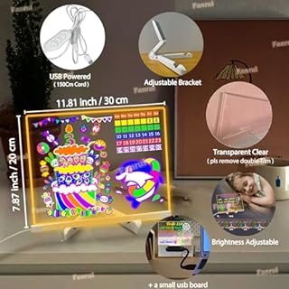 Fanrui 11.8 X 7.9 Inch Acrylic Dry Erase Board with Colors,Glowing LED Kids Drawing Note Memo Board, USB Power, Rewritable, Dimmable, Night Light, Clear Desktop White Board for Home Office School