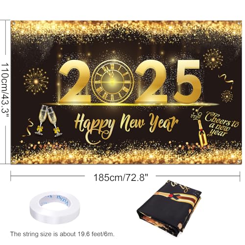 Happy New Year Banner 2025 Extra Large – 73×43 Inch, Black Gold Happy ...