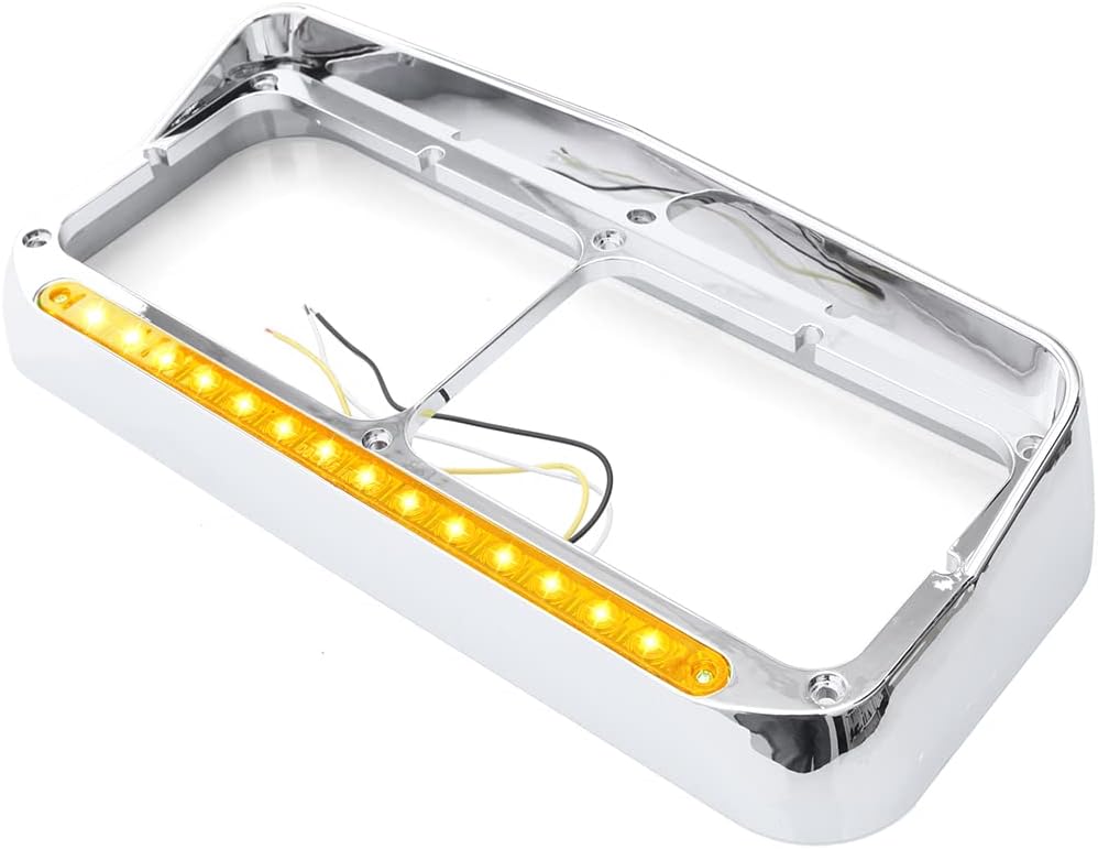 SEPEY Chorme Headlight Bezels with 12" Amber/Clear LED Light Strip Replacement for Peterbilt 378 379, Kenworth T400 T600 T800 W900B W900L Classic 120, a Pair