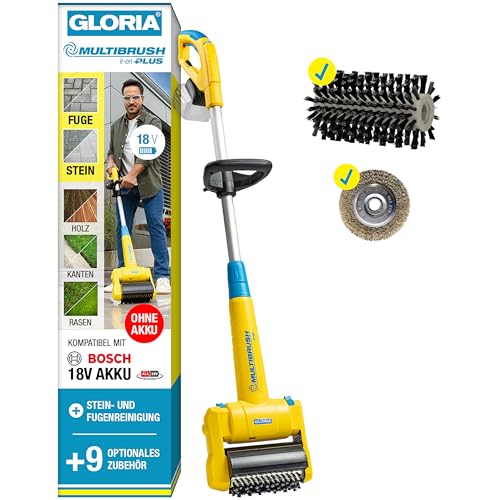 GLORIA MultiBrush li-on PLUS I Akku Reinigungsbürste für Stein Fugen Holz Kanten & Rasen | Für Terrasse Wege & Garten | Inkl. Stein- & Fugenbürste | Kompatibel mit BOSCH 18V Akku (nicht enthalten)