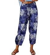 Korebow Women's Summer Linen Pants High Waisted Drawstring Printed Bohemian Capris Trousers