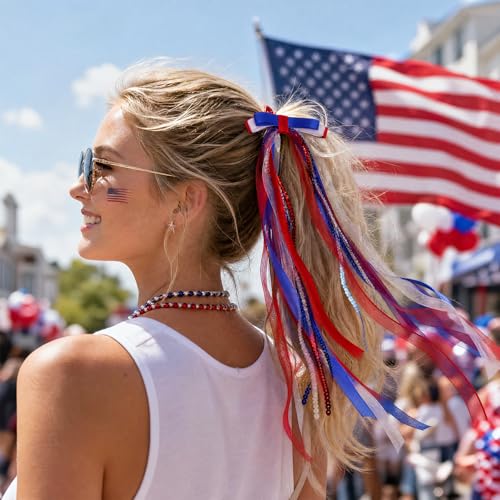 4th of July Hair Bow Clips, 2 Pack Sparkly Sequins Red White Blue Hair Bows with Tail, Patriotic Cheer Hair Accessories for 250th America Independence Day, Parade & Fireworks Party Supplies — view 5