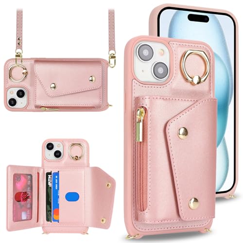 Lipvina for iPhone 15 Plus Case with Card Holder and Strap - Zipper Pocket,Crossbody Lanyard Strap,Credit Card Holder,Stand Ring,Cute Phone Wallet Case for Women(Rose Gold,6.7 Inch) by Lipvina - Used condition - Image 2