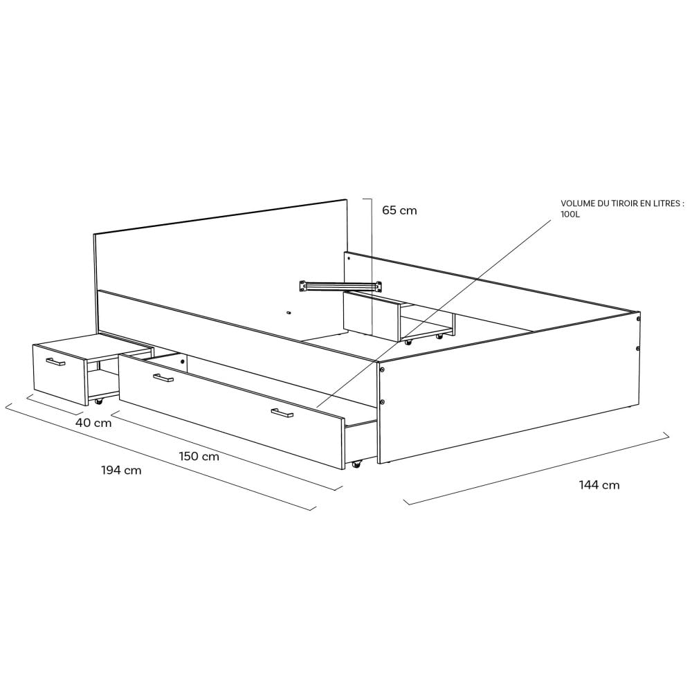 WEBER INDUSTRIES Lit Twist 140x190 + 2 chevets + 1 tiroir/Blanc