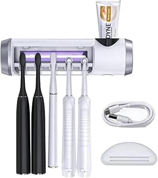 SARMOCARE Toothbrush Holder Cleaner with Fan Drying & 6min Timing Function, 5 Toothbrush Slots, Rechargeable Bathroom Wall Mounted Fit Sonic and Manual Toothbrushes