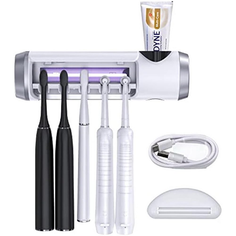 SARMOCARE Toothbrush Sanitizer, UV Toothbrush Holder with Sterilisation Function, Build-in Fan, and Toothpaste Holder (5 Toothbrushes Holding and a Decal Sticker Included)