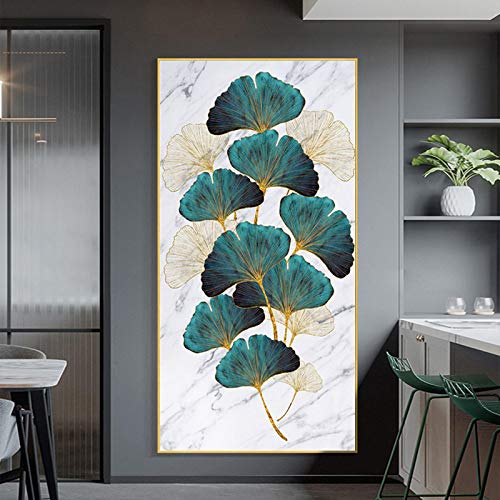 Impression toile feuille vert doré pour habiller un grand mur vide de salon moderne