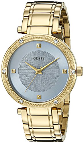 GUESS Women's U0695L2 Dressy Gold-Tone Watch with Diamond Accent and Sky Blue Dial
