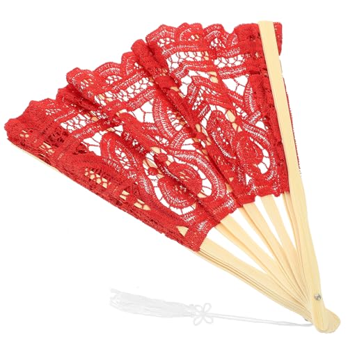 jojofuny Abanico Plegable de Mano Vintage para Boda, Abanicos de Encaje Rojo Estructura de Bambú, Ventilador Portátil Elegante para Fiesta y Decoración, 1 Pieza