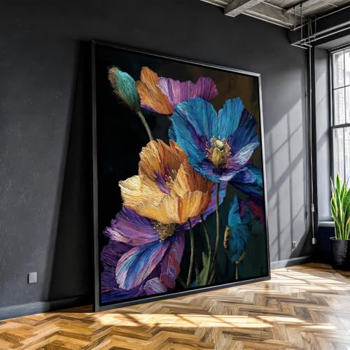 Tableau fleurs bleues et dorées 40x40 cm avec cadre intérieur