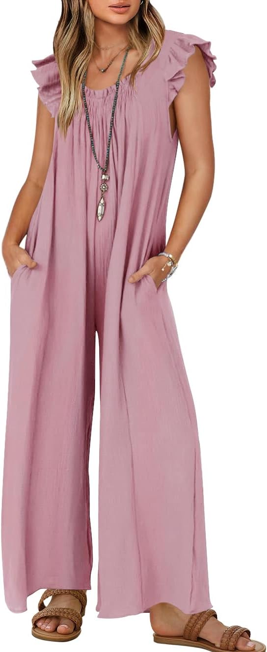 ZESICA Women's Summer Loose Jumpsuit Casual V Neck Sleeveless Oversized Wide Leg Pant Overalls Romper with Pockets