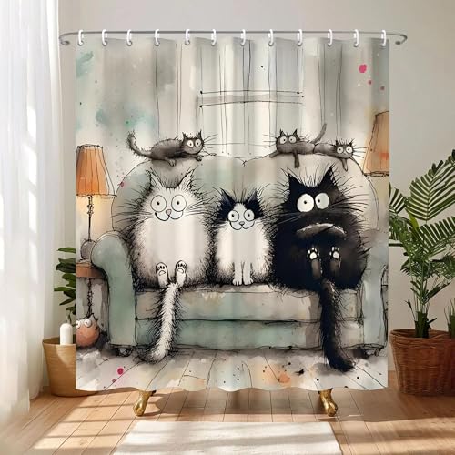 TSLOVER Cute Cat Shower Curtain,Kawaii Cartoon Cat Bathroom Decor,Funny Cats
