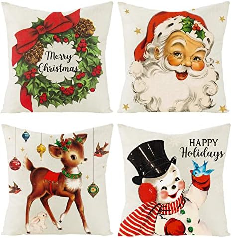 K1tpde 4PCS Vintage Christmas Pillow Covers, 18x18 in Set of 4 Cushion Pillow Covers for Home Decorations, Retro Christmas Linen Throw Pillow Covers for Sofa, Holiday Decorative Cushion Pillowcase