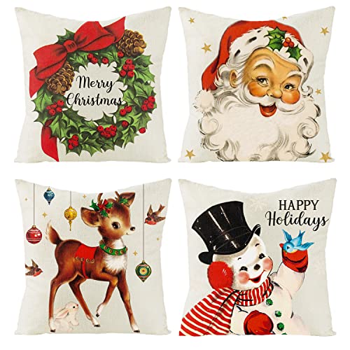 K1Tpde 4Pcs Vintage Christmas Pillow Covers, 18X18 In Set Of 4 Cushion Pillow Covers For Home Decorations, Retro Christmas Linen Throw Pillow Covers For Sofa, Holiday Decorative Cushion Pillowcase #TOP1