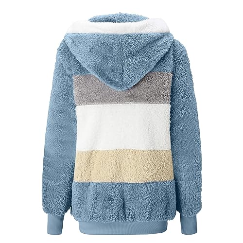Fuzzy Fleece Jackets for Women Plus Size Hoodies Fall Winter Coats Color Block Patchwork Cardigan Coat with Pockets