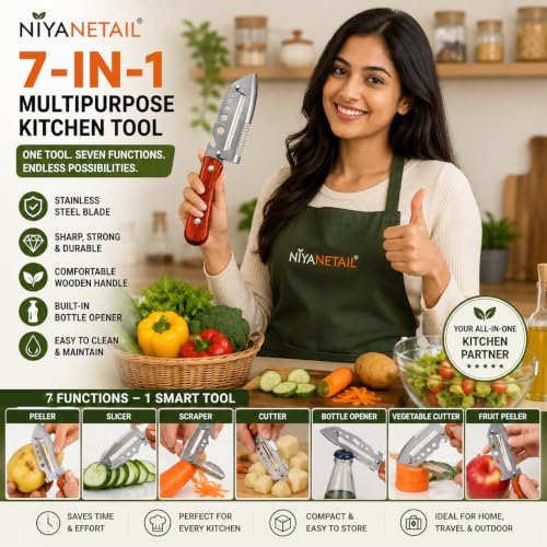 Image of Stainless Steel Vegetable Peeler with Wooden Handle & Bottle Opener | Sharp Single Blade Peeler for Fruits & Vegetables (7 in 1 Vegetable Peeler)