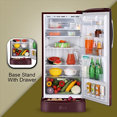 Image of LG 215 L 5 Star Inverter Direct-Cool Single Door Refrigerator Appliance (GL-D221ASEZ, Scarlet Euphoria, Base stand with drawer & Smart connect, 2022 Model)