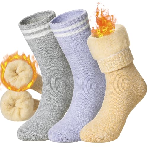 DoSmart Womens Warm Thermal Socks Winter Ski Extra Thick Insulated Heated Crew Boot Socks for Cold Weather 3 Pairs(Yellow/Purple/Light Grey)