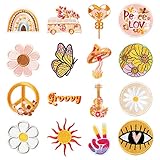 16Pcs Groovy Retro Hippie Iron on Patches Sew on Embroidered Applique Cute Daisy Rainbow Peace Sign Decorative Repair Patch Boho Aesthetic DIY Craft Accessories for Clothing Backpack Hat Jacket Jeans