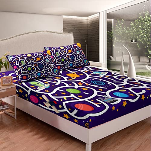 Galaxy Series Fitted Sheet Starry Sky Maze Bedding Sets Queen Size Alien Astronaut Bed Sheets For Kids Toddler Children,Rocket Spacecraft Mystery Outer Space Bedroom Decor #TOP1