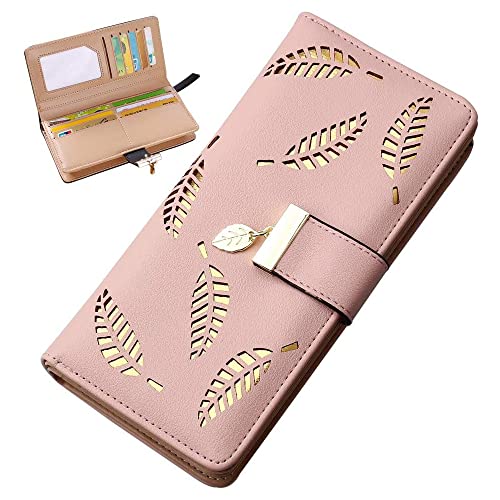 Mu Mianhua Ladies Purse Wallet, Leather Long Purse, Women Leather Wallet Purses Ladies Purse Clutch Holder Case Handbag with Cash/ID/Credit Card Holder Girls Coin Purses Hollow Leaf Zipper Wallet,3