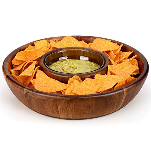 Miusco 10 Inch Serving Platter, Premium Acacia Wood, Solid Chip and Dip Sets