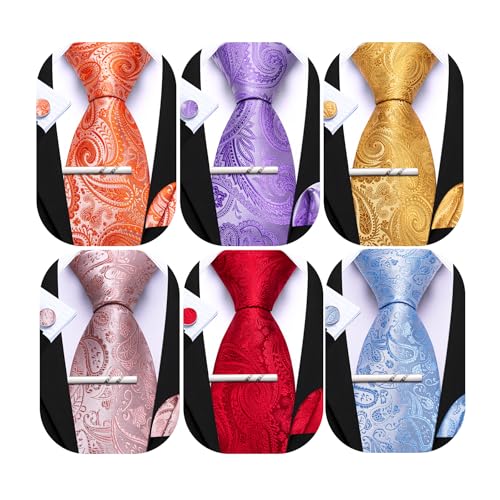 Image of Barry.Wang 6 PCS Men Ties Set Silk Business Fashion Woven Necktie Handkerchief Cufflinks Paisley Stripe Wedding Party