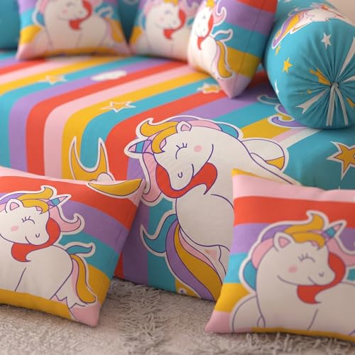Image of Filymore Multicolor Star Unicorn Kids Fitted Diwan Set 8 Pieces - Microfiber Diwan Bedsheet Set with 5 Cushion Covers & 2 Bolster Covers | Soft Rainbow Unicorn Print Diwan Cover Set for Kids Room