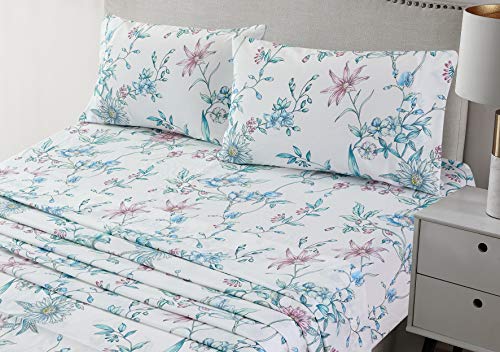 Image of JSD Pink Blue Floral Printed Full Sheet Set Extra Deep Pocket | 4 Piece Soft Botanical Microfiber Sheets, OEKO-TEX Certified, Easy Care