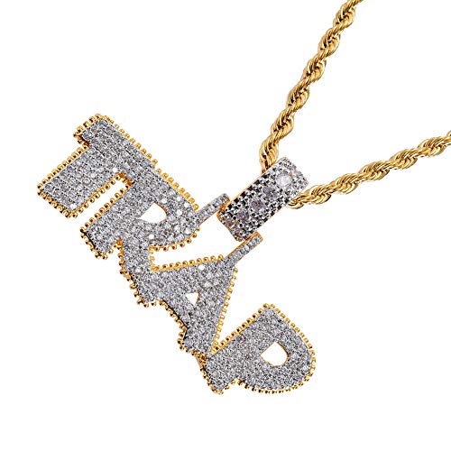 Kmasal Jewelry Hip Hop Iced Out Bubble Letter Trap Pendant Necklace 18K Gold Micro-Pave Simulated Diamond Cubic Zirconia Necklace For Men Women #TOP2